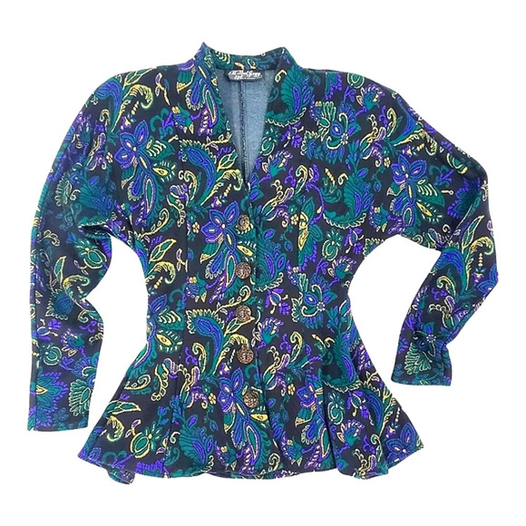 Vintage 80's All That Jazz Floral Peplum Knit Purple Green Black Blazer Sz S - Picture 1 of 11